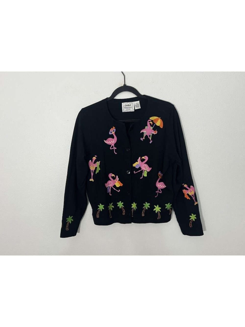 Emma Tricot Black Embroidered Flamingo Cardigan Size Small